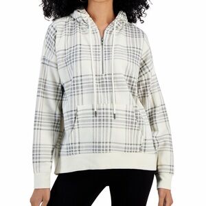 Hippie Rose Printed Quarter-zip Hoodie Long sleeve In Cream Plaid. Size L NWT